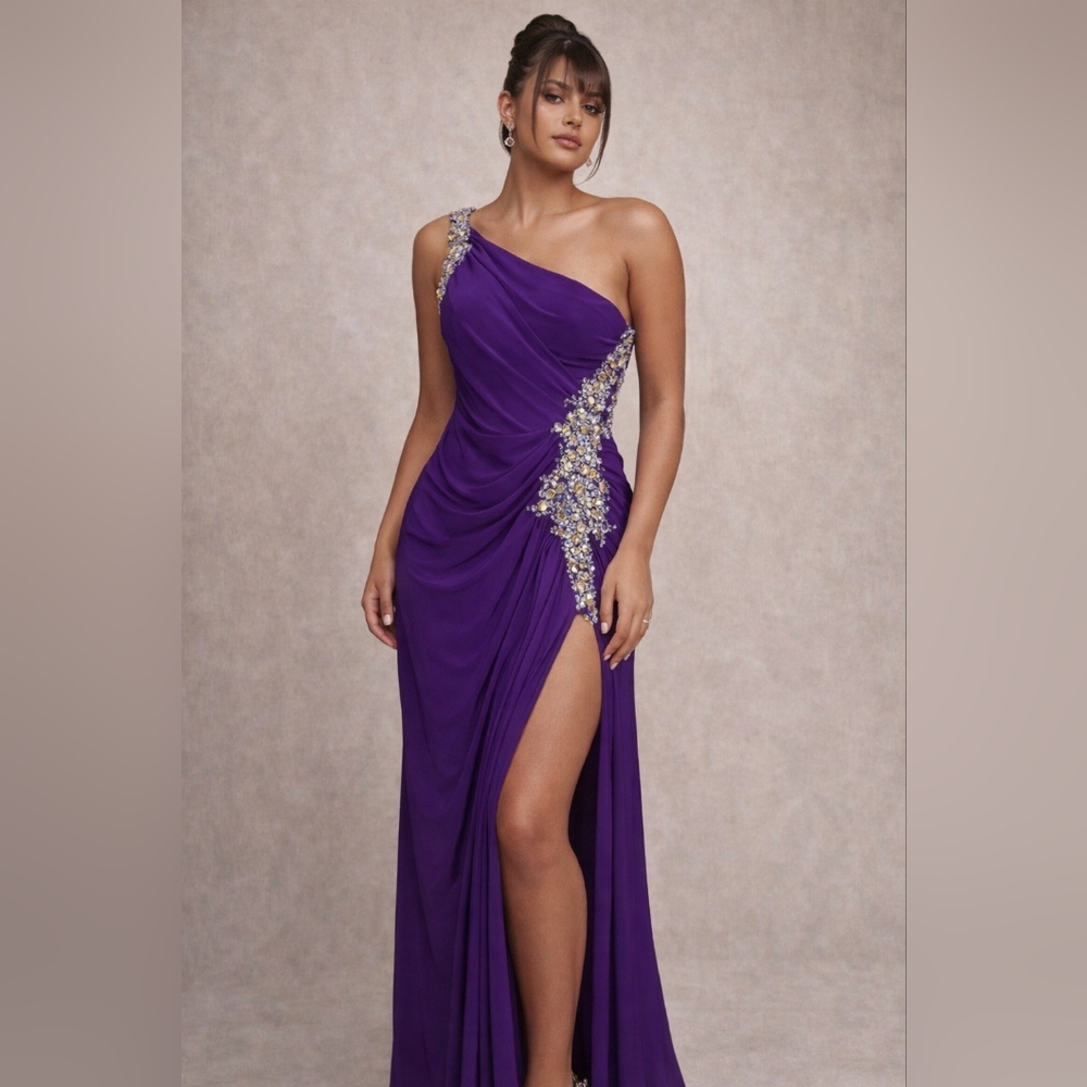 Night Moves Purple One-Shoulder Beaded Gown – Size 8 – Prom / Formal Dress